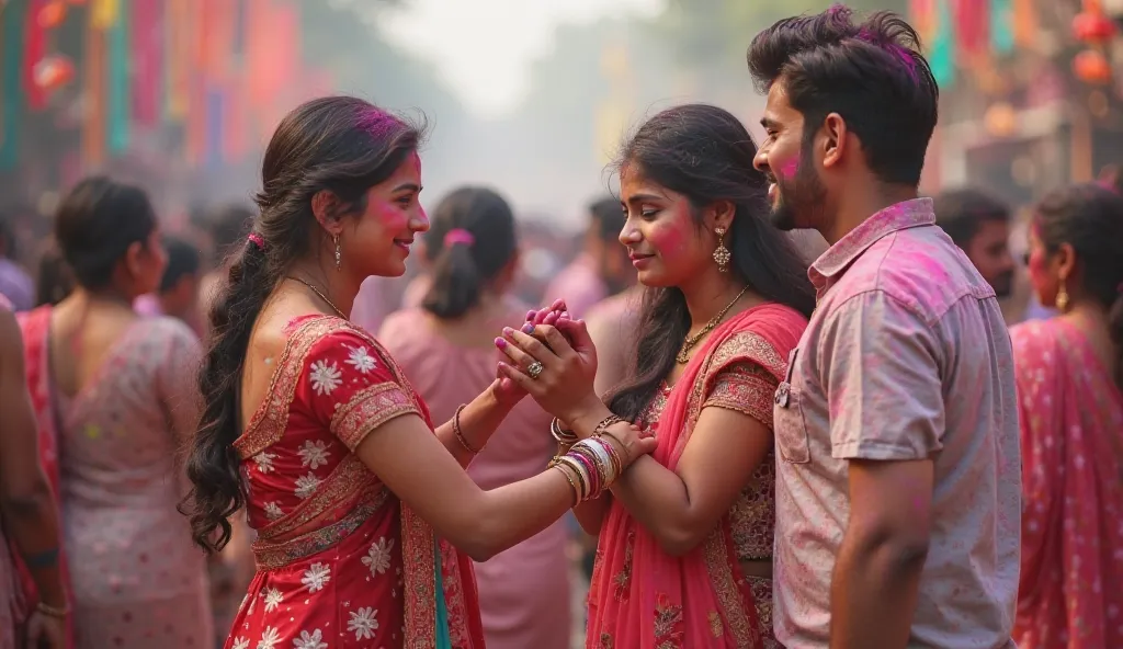 The girl is nervously stopping her boyfriend because her brother is standing nearby. The boy retracts his hands in a joking manner, but mischief is visible in his eyes. In holi festival. Real photo 