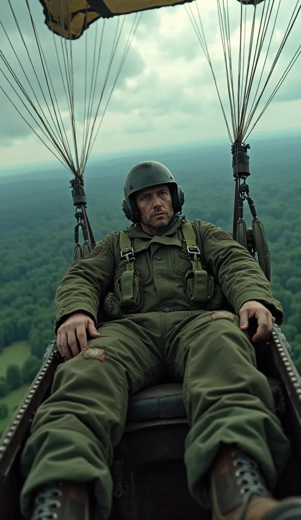 "POV of an American pilot from the parachute, in first-person view , against a cloudy sky. In the background, a dense forest and a field quickly approach. The pilot wears a torn olive green military uniform, leather helmet and combat boots. Dramatic lighti...