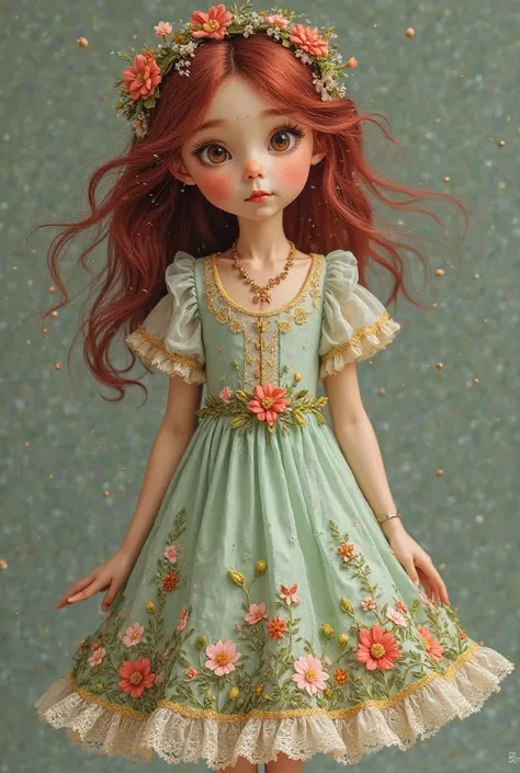 age girl、 very young、 hair in maroon、 Gold、 light green dress、Even the hem of the dress is embroidered。and her whole body is in the picture、With multicolored colorful threads、Botanical、It is embroidered with flowers、