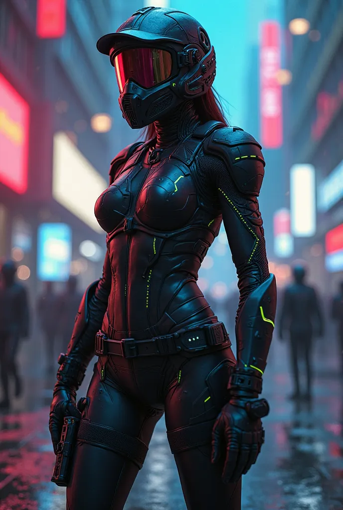 Sexy female police officer in riot gear, wearing a leotard and helmet with mask, all black armor and neon uniform