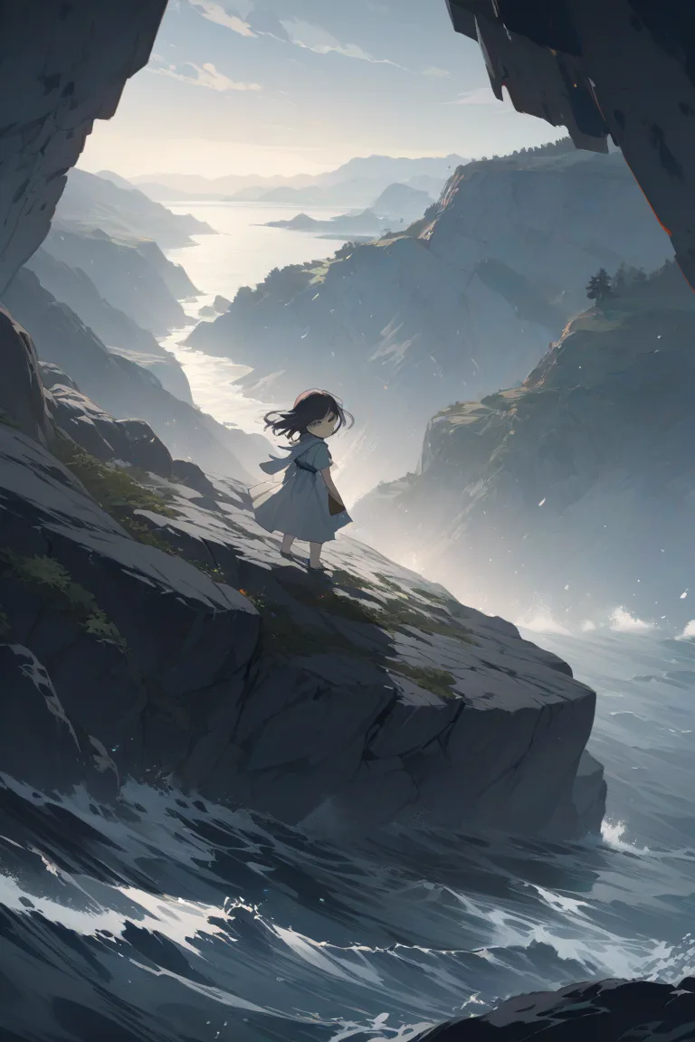 Girl hovering above a cliff looking forwards with a frightened expression holding up a wooden sigh that says "help"