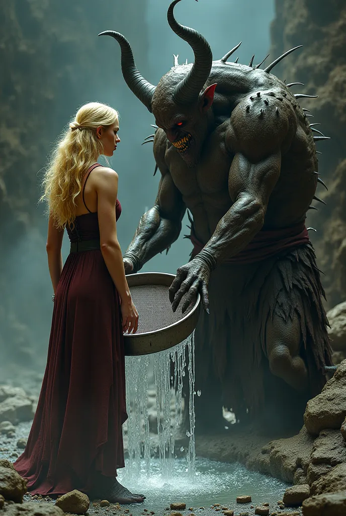 Blonde woman standing in front of the kneeling devil holding a large sieve trying to get water