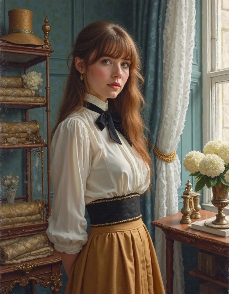 Oil portrait (painting on canvas), realistic image quality, photography, Realistic Illustration.  Aesthetic image .  detailed image. Aristocratic environment,  high standard .  Diagonal view ,  Diagonal focus .  She has an imperious posture .  Pose half pr...