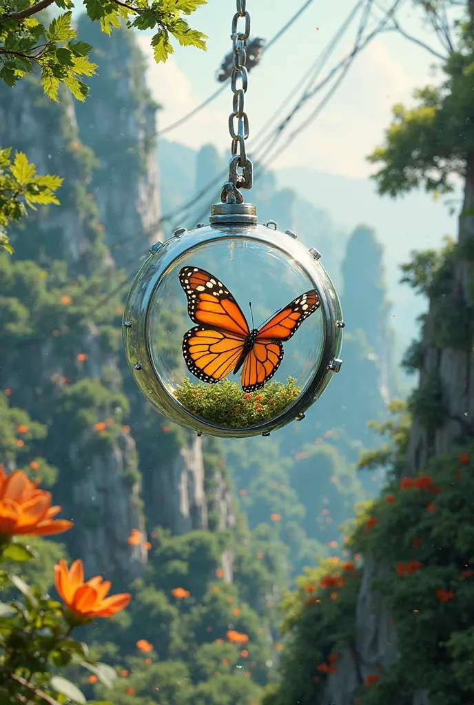 Futuristic glass cable car and around it huge glass buildings shell vegetation all around it, everything looking natural and inside the cable car a bracelet with an orange butterfly in a realistic version 


