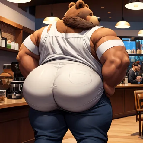 Bear with short hair, (Bear head with a man's body ), He's fat   , shirtless,  barista uniform with tight pants with a comically massive butt, Gigantic butt that is round, gordo, and juicy  .  It is as if his buttocks are inflated like two balloons in his ...