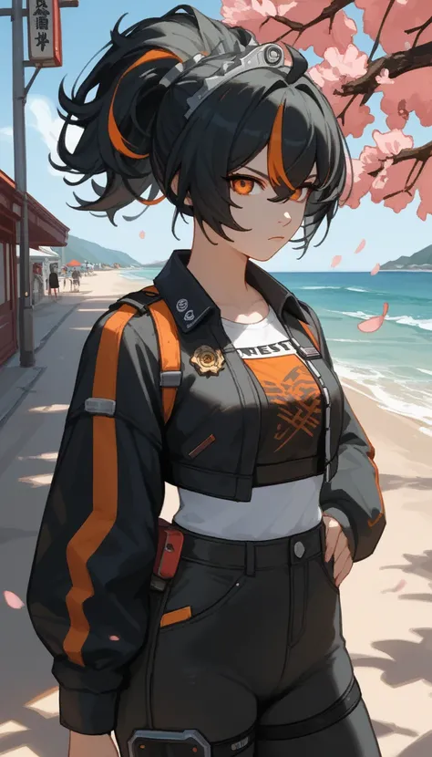 score_9, score_8_ upwards, score_7_ upwards, score_6_ upwards, score_5_ upwards, score_4_ upwards, BREAK source_anime, 1girl, One,  on the beach , street, Cherry blossom,  standing, looks at the viewer, Zhuyuan , orange eyes, black hair, long hair, hair wi...