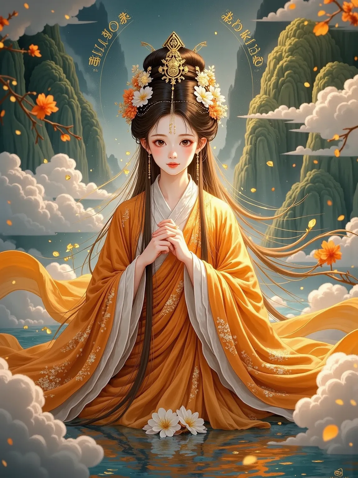  1girl , 国潮water墨风，A girl with a delicate face wears Tang Monk's cassock，Wearing a Pilu hat，于山water间打坐。The surrounding clouds are like agile ink marks，远处山峦与潺潺流water勾勒诗意背景。The texture of the cassock is delicate，Using light and shadow effects，The shadows at ...