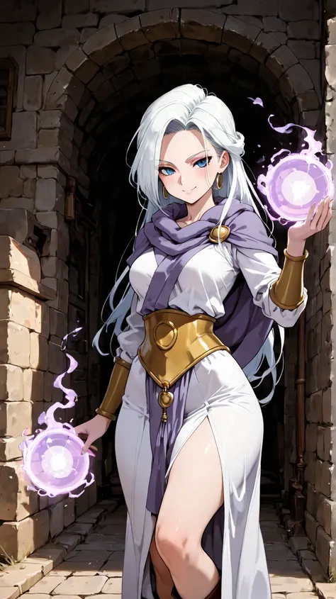 1girl, Schala Zeal from Chrono Trigger, slender build, long hair, looking at viewer, standing, pastel violet robe, magic with hands, seductive smile, medieval city in background, from the knees up, masterpiece, medium breasts, long hips, thin hips, long hi...