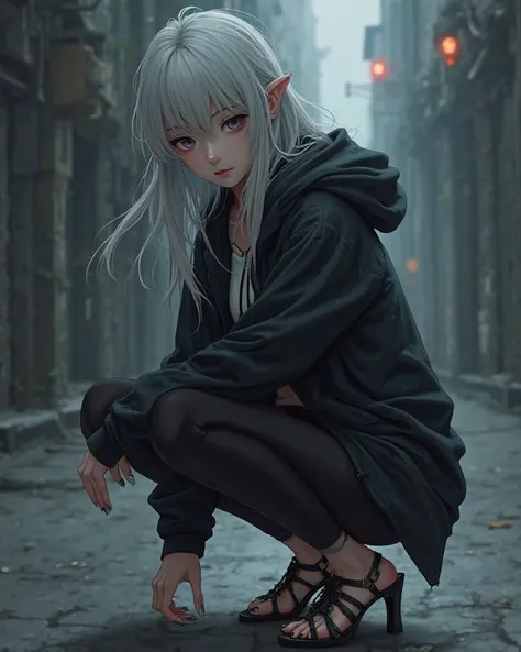 Dark white-haired anime girl wearing a hooded jacket,leggings and huaraches with mini heel while squatting 