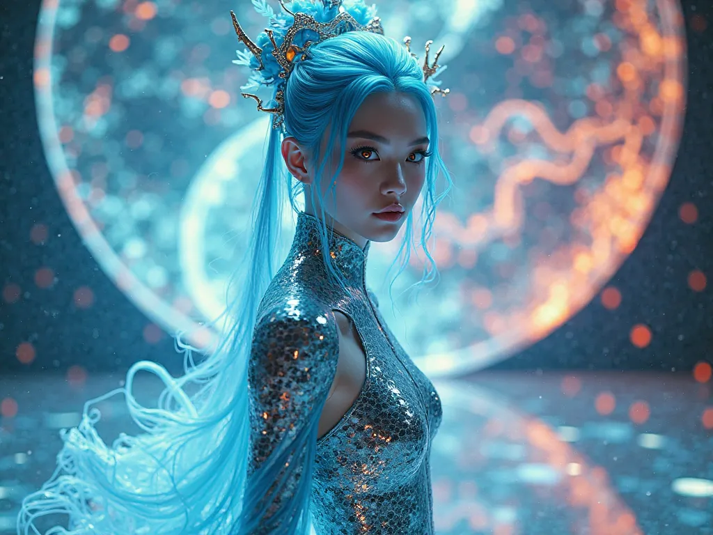 Chinese mythology futurism, cyberpunk runway show, Nezha actors army in biomechanical armor, Dragon Princess Ao Run (ethereal beauty) wearing liquid metal scale dress with cyan-blue gradient hair, golden glowing pupils, translucent water dragon hologram fl...