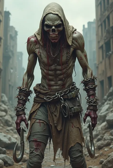 Zombie with chains on his arms with hooks and fighter clothes 