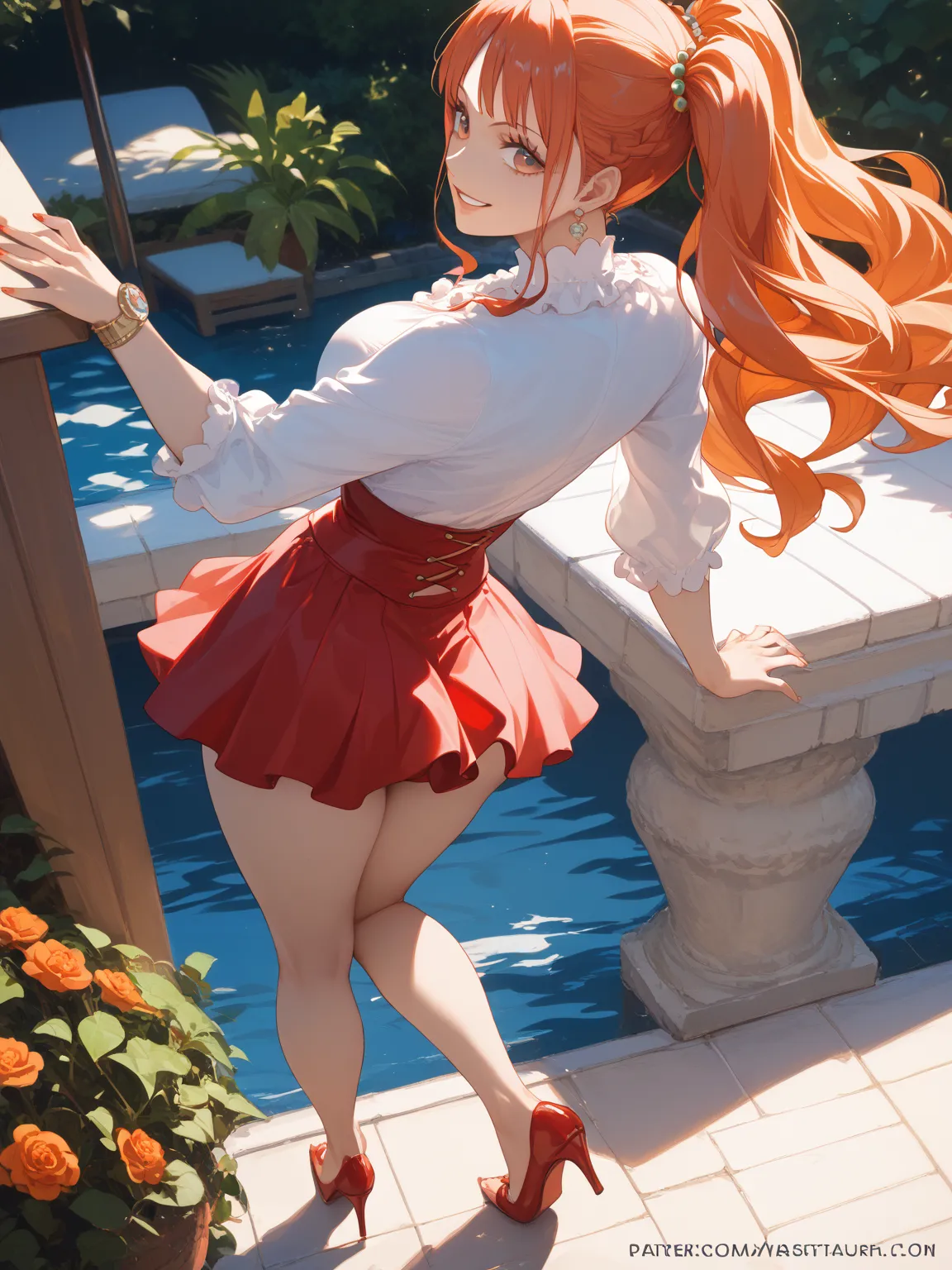 masterpiece, （ high image quality :1.2） ,  Highest quality,8k,(We)、 1 BEAUTIFUL ADULT WOMAN  、、 Beautiful orange long hair 、twin tails from above、（  tattoo on one piece's left shoulder :1.2）、

White Short Sleeve Blouse、Red Mini Skirt、White High Leg Thong P...