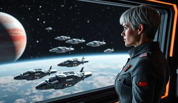 Over-the-shoulder shot of a determined woman (5'8", short gray hair, gray uniform with a commander insignia) standing on a ship bridge, staring at a large planet twice Earth's size with red mist in the distance through a wide viewport, her steely gaze fixe...