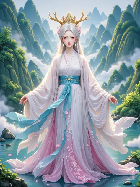 1girl, ancient Chinese beauty, image of a white deer spirit, beautiful, exaggerated makeup, wearing flowing Hanfu made of silk. Hot figure, delicate facial features, gentle temperament, fair skin, as smooth as mutton-fat jade. Bright and spirited eyes, wit...