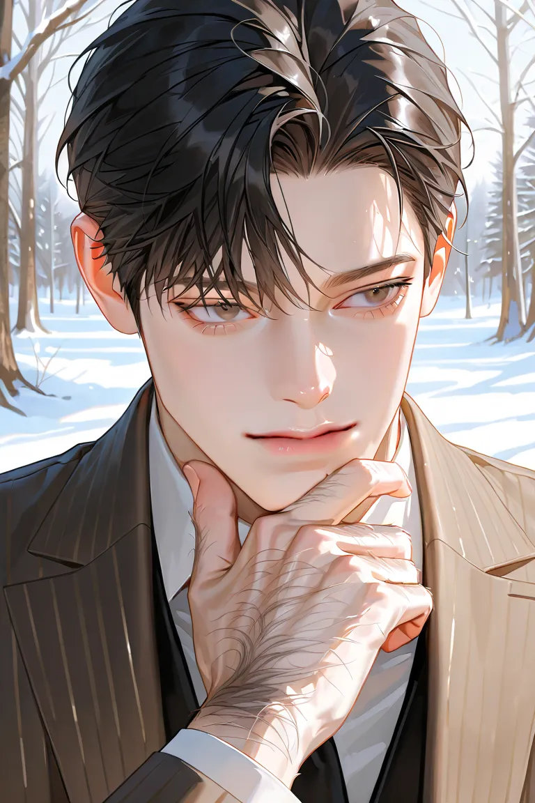  handsome,  1 man with a gun,HORROR MOVIE FILTER LIE FACE, gray-brown eyes, SHORT DARK BLACK HAIR,  male-centered,  suit,  Pixive art, Wide cut , Hand on chin, winter,  handsome man, Thick painted ,  Cold Face ,  realistic hair , mature man, Vivid brushstr...