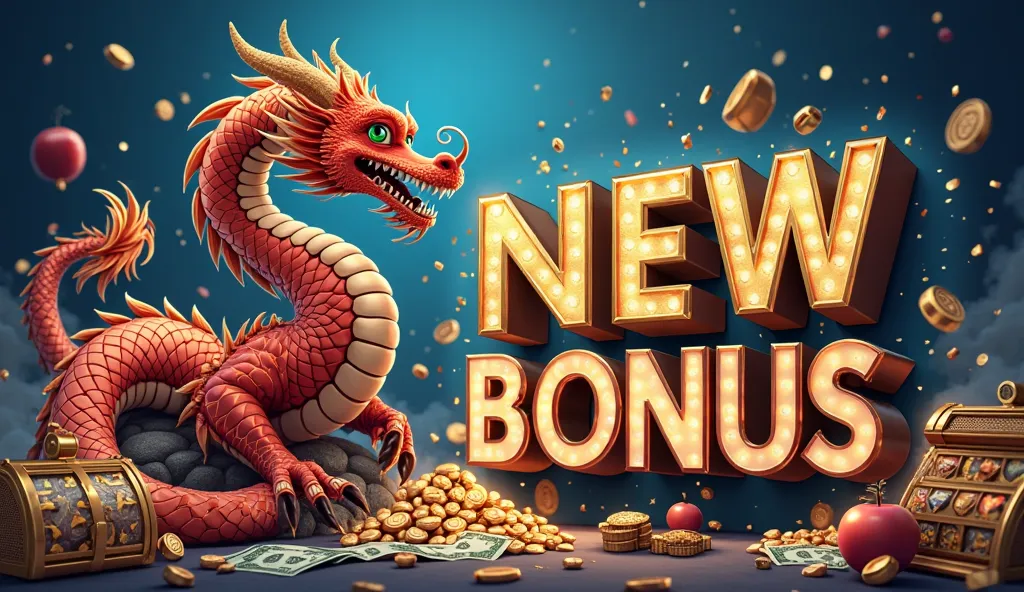 create a bonus casino banner.blue background ,casino item,big main title show 'NEW REGISTER FREE $88' with creative 3d gold，bold ,CREATIVE, 8K, beside the title show one GAME CHARACTER like dragon ，creative casino ，beside have treasure , money ,slot 777,ca...