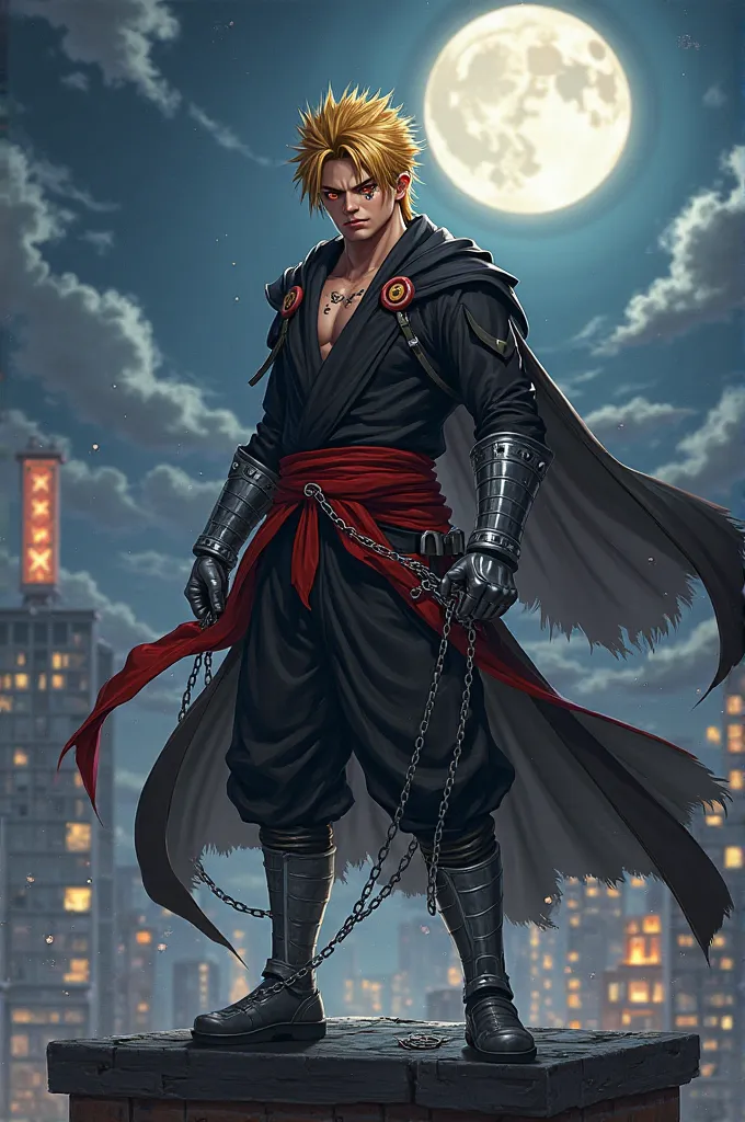 create a warrior, strong, Golden hair spiky hair, orange eyes, a kanji tattooed on the cheek, scar on the left eye, silver gloves, silver boots, black ninja tunic, black cape, red cloth bandana, red waistband on the waist, holding chains, battle pose, stan...