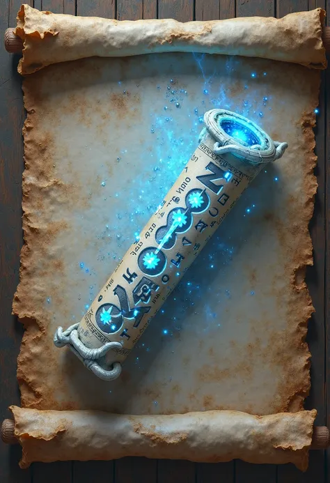 Artifact, DND, Fanatsy, Background Parchment, Magic Scroll, Rolled up, contains an ice spell, dark blue runes