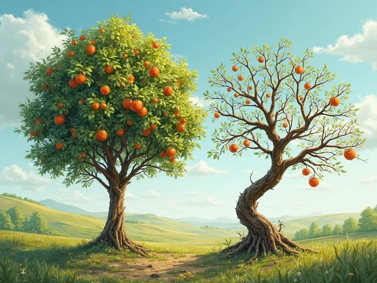 A leafy tree full of good fruits and a dry tree with rotten fruits: It symbolizes the parable of good and bad trees and their fruits, reflecting our actions and their origin in the heart.