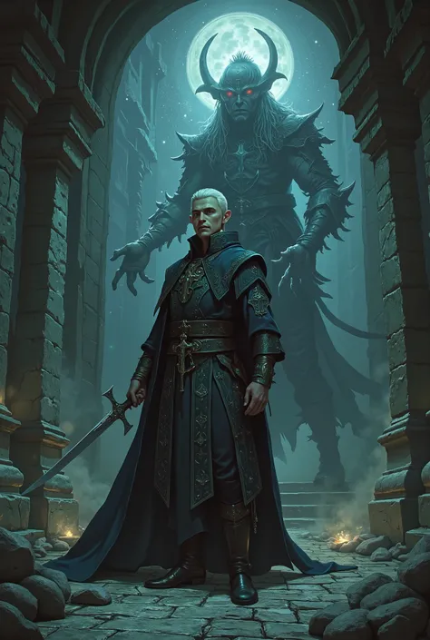 male elf, pointy ears, short white hair, wizard, with a dagger in his hand, summoning a monster, in a dark temple, role-playing game, dark fantasy