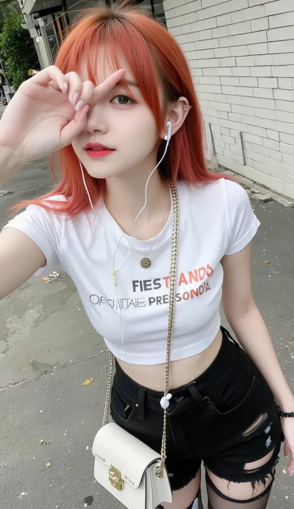 “A young woman with vibrant reddish-orange hair takes a high-angle selfie outdoors, covering her forehead with one hand. She wears a white cropped T-shirt with text, a black ripped denim skirt, and a white mini shoulder bag with metallic accents. White wir...