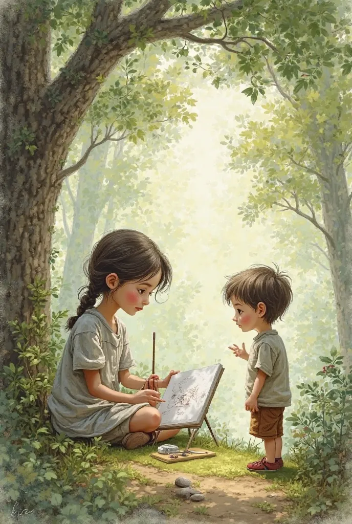 A drawing of a girl who is already drawing, has a boy standing