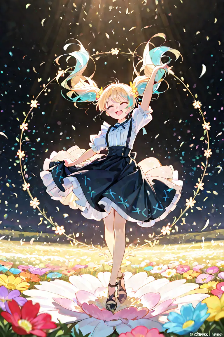 Girl laughing in a field of flowers。The hair is blue and the twin tails 。The skirt is dancing in the wind
