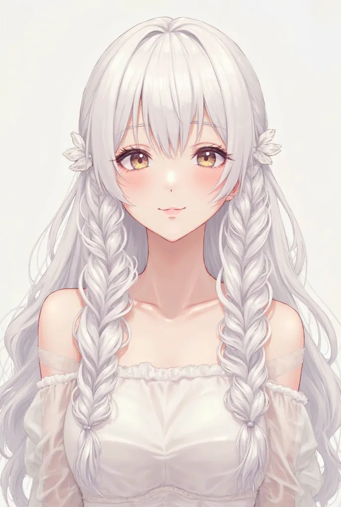 Anime girl in front view with long white wavy hair styled into pigtails reaching her butt and the remaining hair teacher her waist. Thick volume of hair.