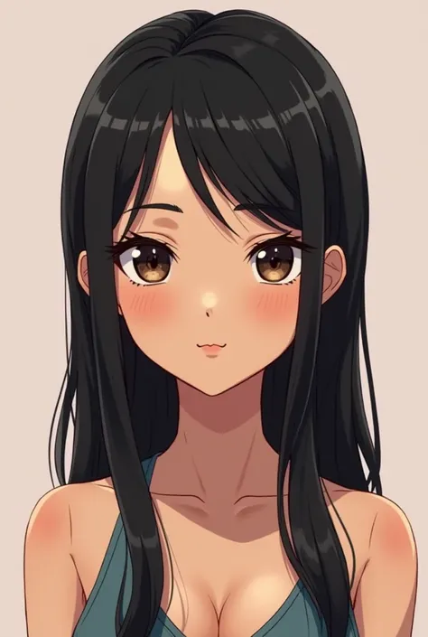 anime version image of a woman with a slim build, very black hair, light brown skin,  diamond-like face ,  slanted eyes, Medium nose, small mouth, thick and dark eyebrows, medium eyelashes but noticeable, medium sized ears, brown eyes between dark and ligh...