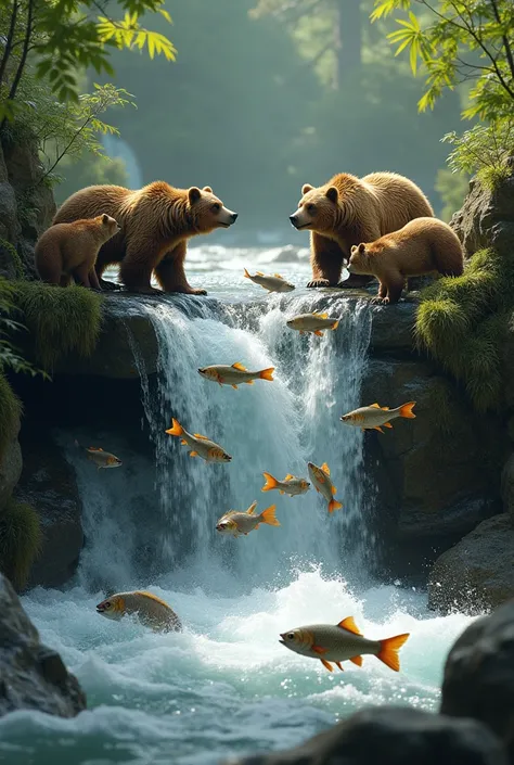 the bear group is catching fish in center of  small waterfall and the fishes are jumping to the up. Another bears are eating fish