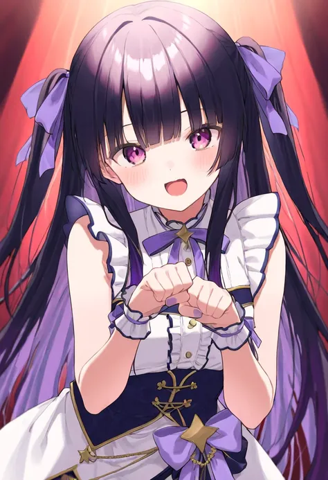 ((masterpiece、 Highest quality)) Hololive、1 girl、  small 、 young、 cute、  young、 idol、 ((black hair or purple hair color)) straight bangs、half purple bangs、Long Hairstyles、 Half Twin、bright purple eyes、 Purple ribbon、 赤い頬、cute pose、 model shooting、Watery ey...