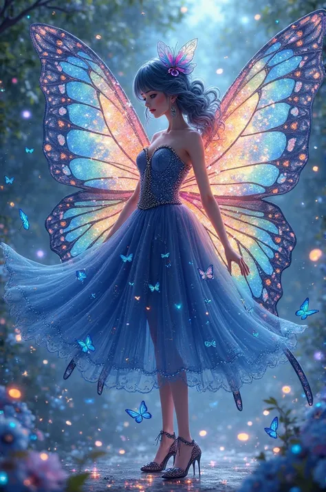 A magical girl called the Rainbow Butterfly's in a dress with sleeves ,the dress or skirt that has an intricate pattern that mimics the shapes and colors of butterfly wings.There are sparkles and different shades, indigo or indigo.,that extend across the f...