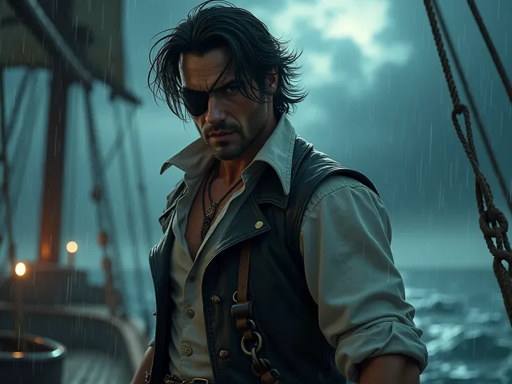 30 years old man with black hair, wearing a with shirt and leather vest, with and eyepatch, evil smile, standing on a ship during a storm and rain, on a dark night
