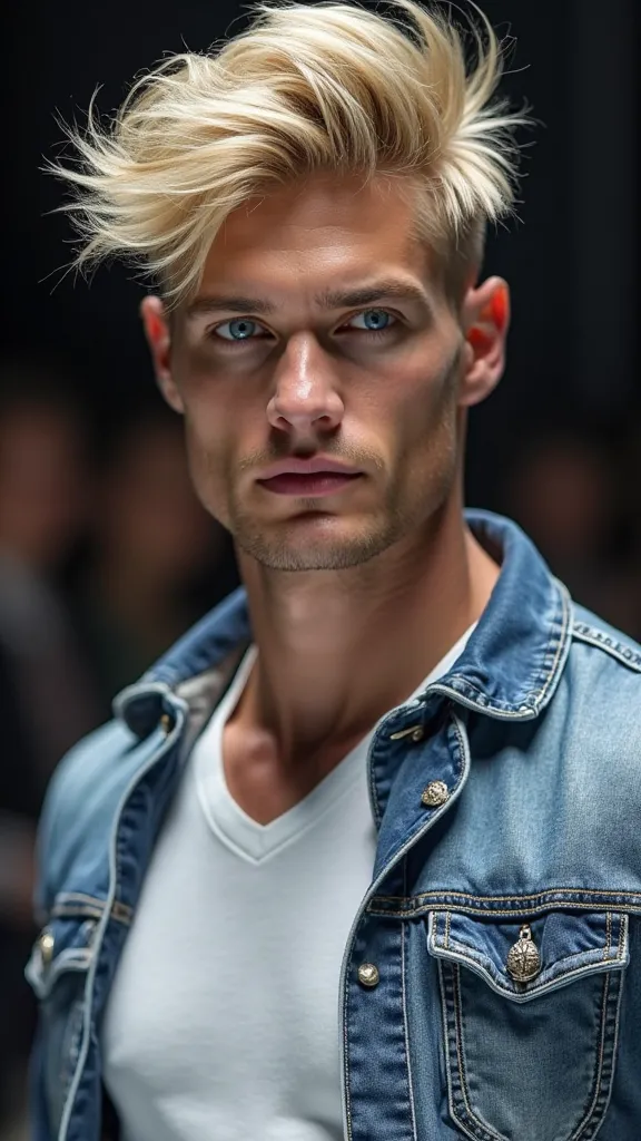  A Man,  blond hair,  moving with the beat of the wind.   The muscular body , strong and infinitely sensual beauty, perfectly beautiful face and always the same. Trendy clothes from the brand "adidas" in evidence and the logo in the upper left corner,  blu...