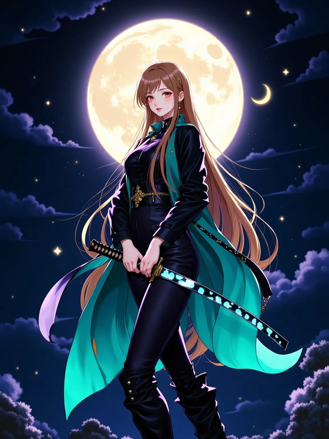 An anime-style portrayal of a girl in the dark night. She has long, bronze-colored hair and is outfitted in a lengthy coat, alternating between black and luminous cyan hues. Illuminating the background is a radiant moon, casting a beautiful glow. Clutched ...