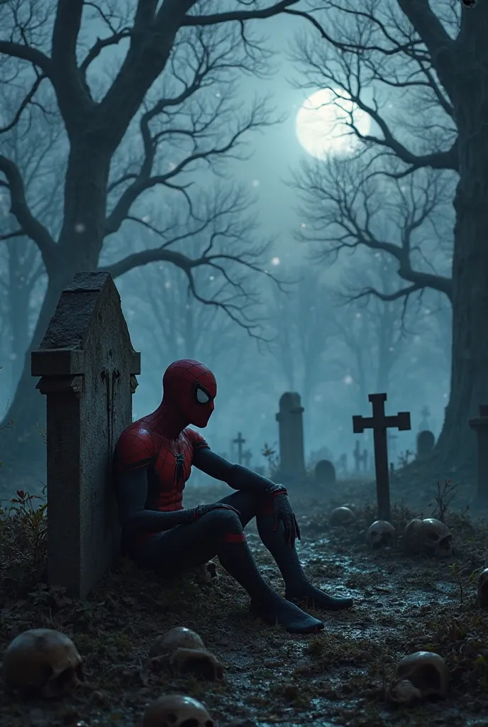 "A dark and eerie graveyard at midnight, with a full moon casting an ominous glow through twisted, leafless trees. The scene is enveloped in thick fog, making distant gravestones barely visible. In the center, Spider-Man, wearing his black and red symbiote...