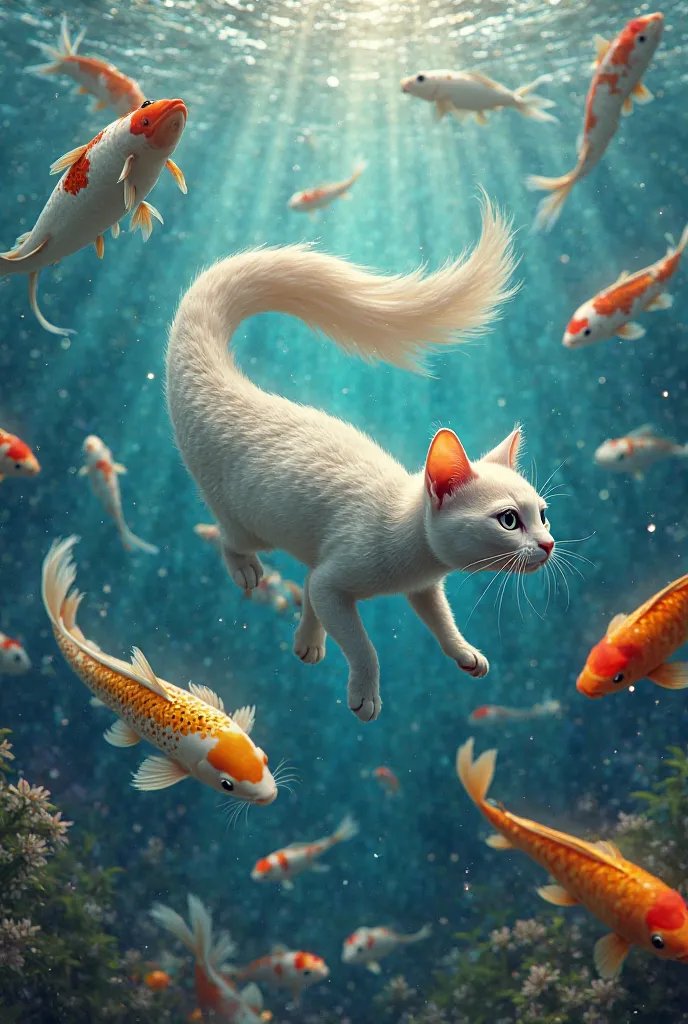 Fishtail cat in the sea，Big koi，Lots of koi，Koi fish of different colors and styles、Four white koi，Polka dot five color koi、Orange Gold Koi、Red and white koi、Minghai light yellow koi