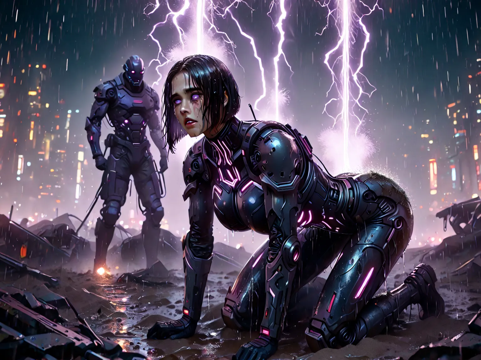 crying cyberpunk female, short bob cut, large breasts, dark rimmed eyes, kneeling holding the limp body of a cyberpunk male, heavy raining, wet hair, bloody face, body armored, kneeling on a muddy battlefield, flames, craters, purple lightning