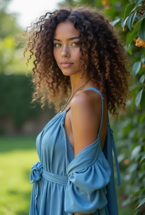 Une belle jeune femme aux yeux vert. Elle a des cheveux lisse et châtains. Un très jolie visage. Elle mesure 1m73. Sa taille de seins est 90D. Elle a de jolies petites fesses rebondit. Elle est debout dans un jardin. Elle porte une grande robe en porte feu...