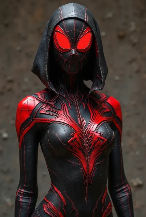 Her suit is a sleek, black-and-red bodysuit inspired by the black widow spider’s markings. It incorporates traditional African patterns and symbols, paying homage to her heritage. The mask resembles a spider’s face, with glowing red eyes that strike fear i...