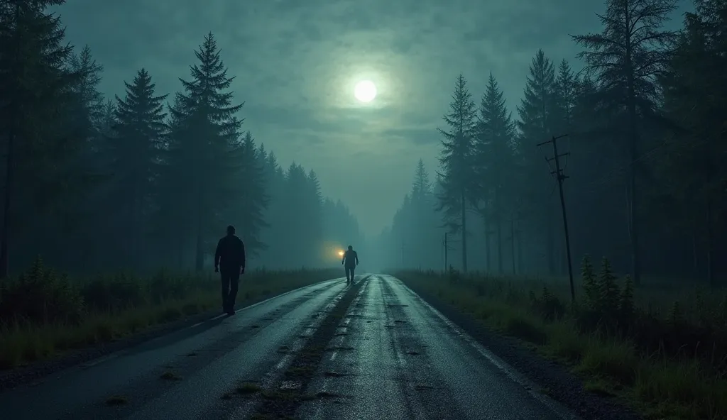 "A chilling night scene with a vast, misty forest stretching under a glowing full moon. In the foreground, a lone figure stands at the edge of a dark road, holding a flashlight that barely cuts through the thick fog. Deep claw marks scar the pavement, lead...