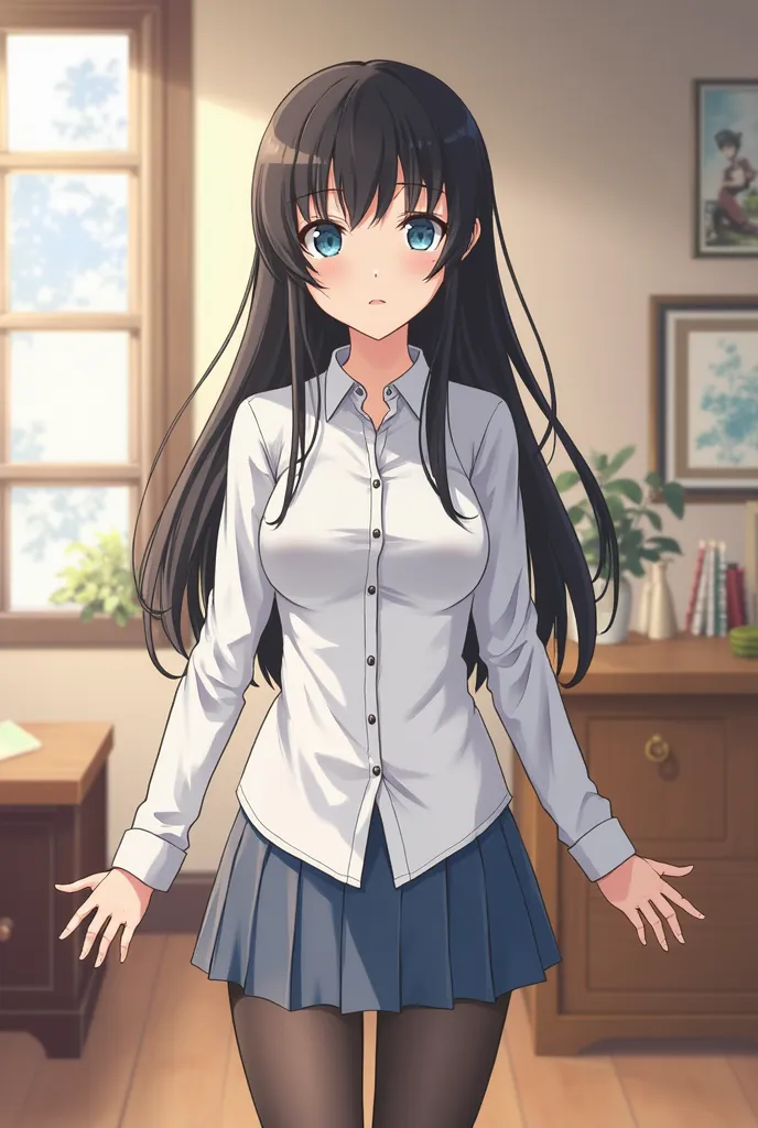 anime girl with black hair and blue eyes standing in a room, an anime drawing by Jin Homura, pixiv, shin hanga, , ecchi anime style, oppai, oppai proportions, hinata hyuga, nagatoro, ecchi, cel shaded anime, character is in her natural pose, cell shaded ad...