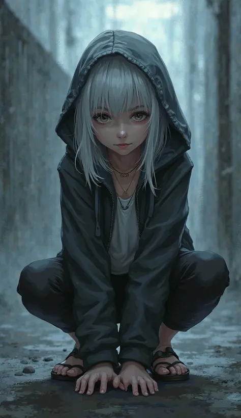 Dark white-haired anime girl wearing a hooded jacket,leggings and huaraches open while crouching