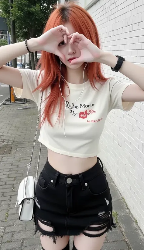 “A young woman with vibrant reddish-orange hair takes a high-angle selfie outdoors, intentionally positioning the camera to exclude her face. She covers her forehead with one hand, emphasizing her stylish hair and outfit. She wears a white cropped T-shirt ...