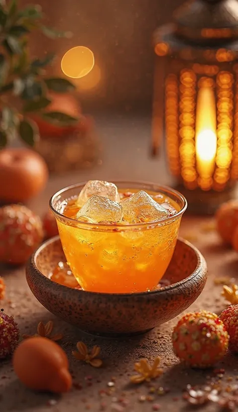 A bowl of refreshing Ramadan apricot drink (qamar al-din) with ice cubes, surrounded by Arabian sweets and lanterns, ultra-photorealistic, volumetric light
