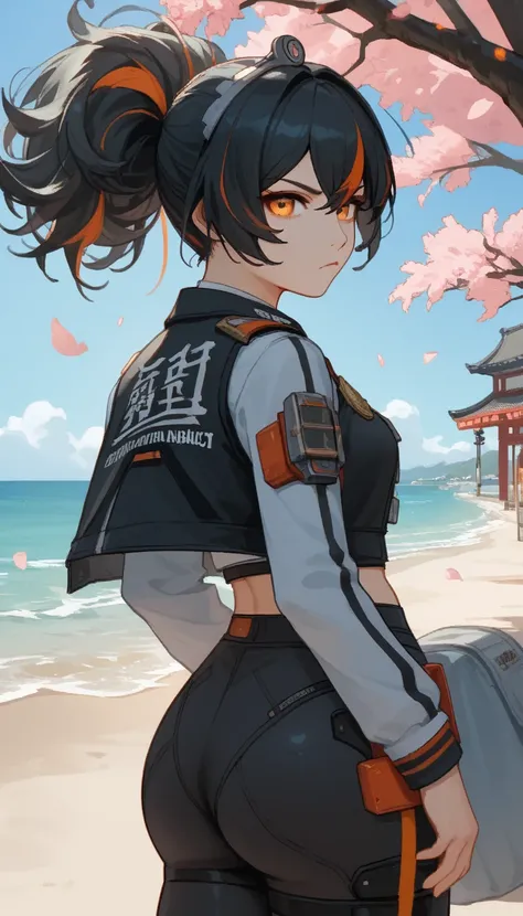 score_9, score_8_ upwards, score_7_ upwards, score_6_ upwards, score_5_ upwards, score_4_ upwards, BREAK source_anime, 1girl, One,  on the beach , street, Cherry blossom,  standing, looks at the viewer, Zhuyuan , orange eyes, black hair, long hair, hair wi...