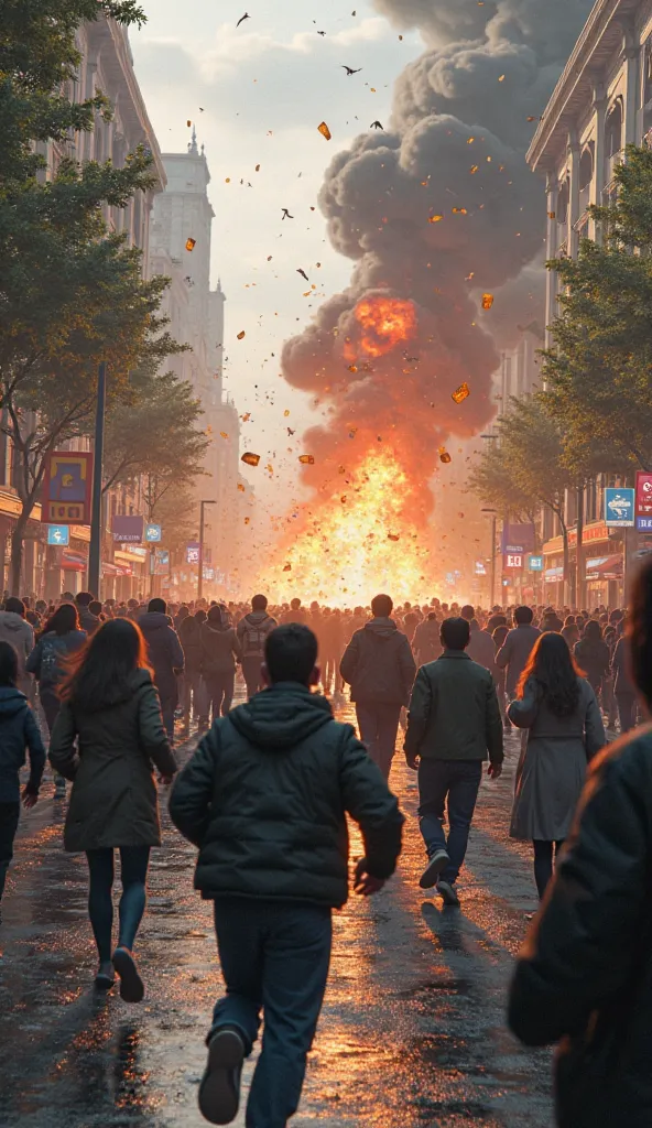 A city street near the park, filled with panicked people running away from the explosion.