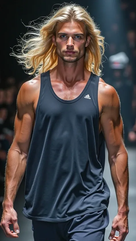  A Man,  blond hair,  moving with the beat of the wind.   The muscular body , Strong and infinitely sensual beauty, perfectly beautiful face and always the same. Trendy clothes from the brand "adidas" in evidence and the logo in the upper left corner,  blu...