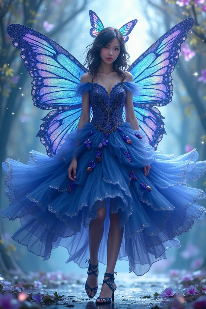 A magical girl called the Rainbow Butterfly's in a dress with sleeves ,the dress or skirt that has an intricate pattern that mimics the shapes and colors of butterfly wings.There are sparkles and different shades, indigo or indigo.,that extend across the f...