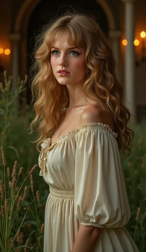 Create a hyperrealistic fine art image of a young woman 20 years old, She is in a meadow, walking through the grass, she is happy., her posture mirroring the delicate yet confident pose of Titian's "Venus of Urbino." Her green eyes, framed by voluminous cu...